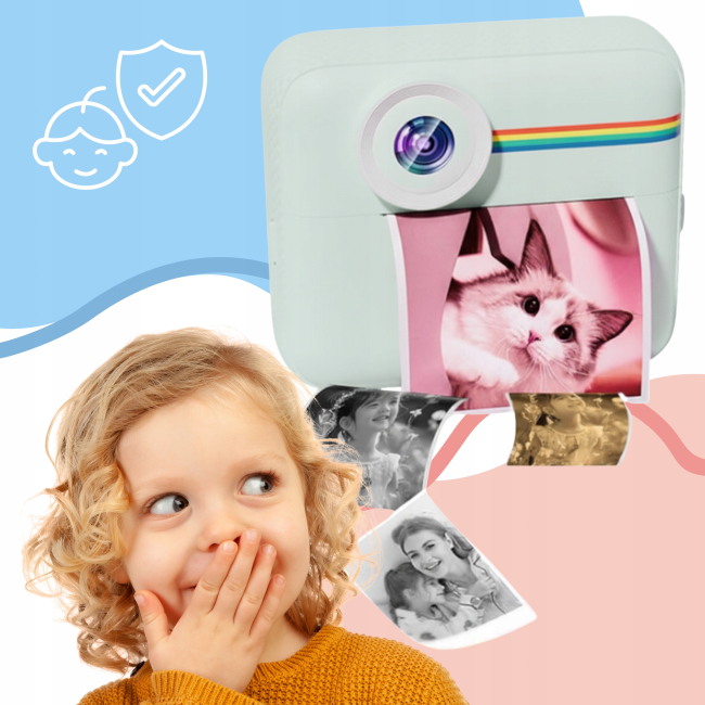 Aparat NATYCHMIASTOWY dla dzieci zdjęcia kolor selfie menu PL gry Drukuś