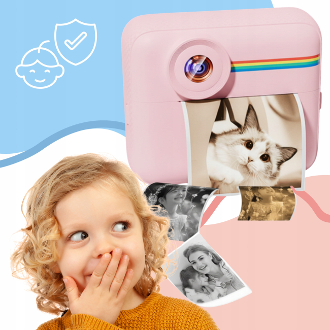 Aparat NATYCHMIASTOWY dla dzieci zdjęcia kolor selfie menu PL gry Drukuś
